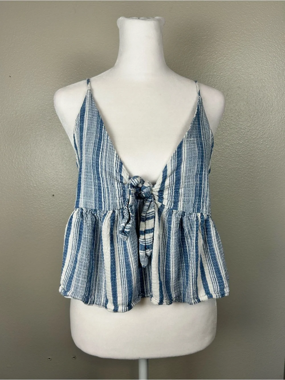 Free People Striped Blue Tie-Front Peplum Cami Top Size Small
